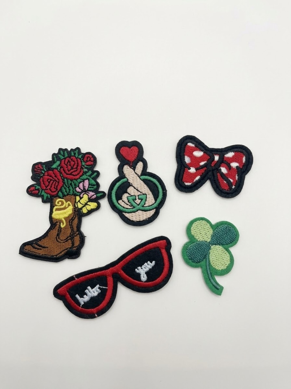 Cute Iron-On Embroidered Patch bundle, Boot, Heart, Bow, Glasses, clover